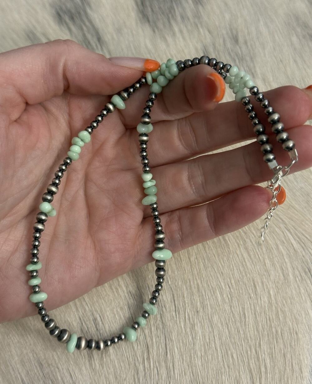 Sterling Silver Green Paloma Turquoise Nuggets Navajo Pearl Necklace 15-17”